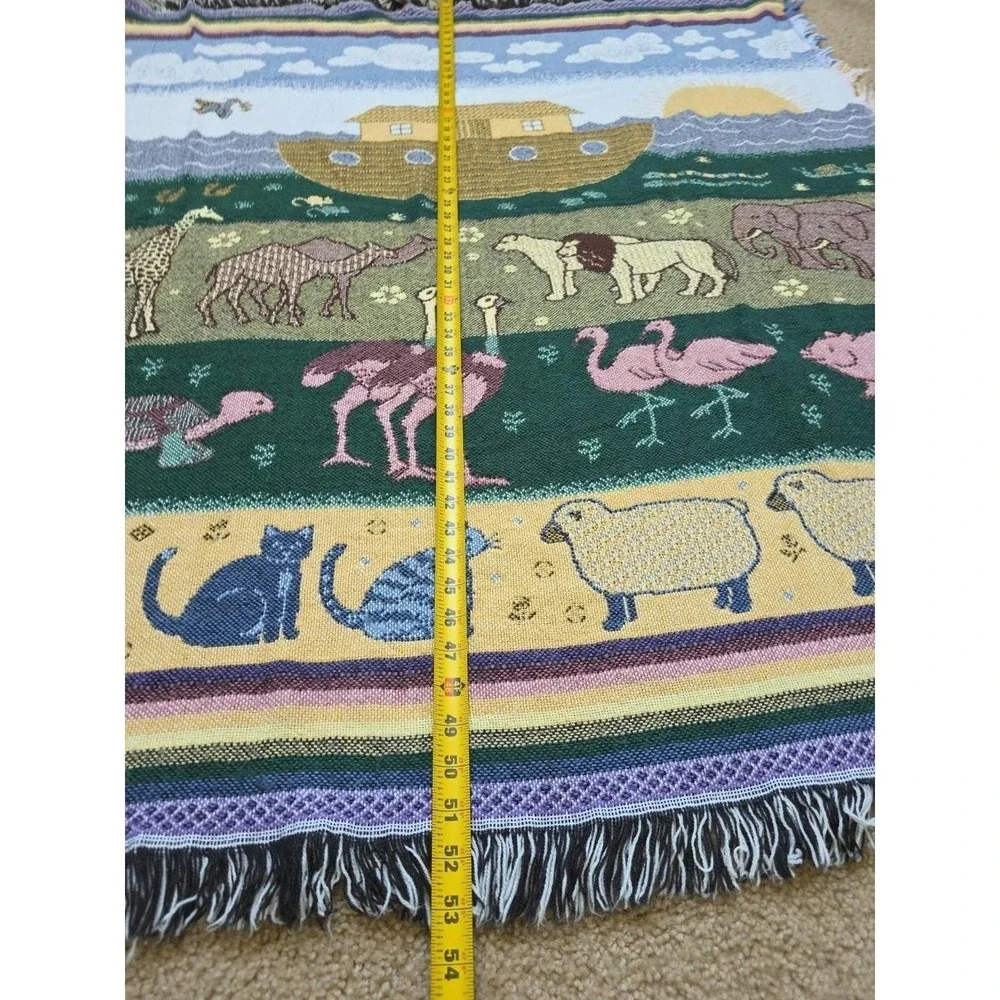 Vtg Noah's Ark Friends Tapestry Woven Throw Blanket American Weavers Fringed 50